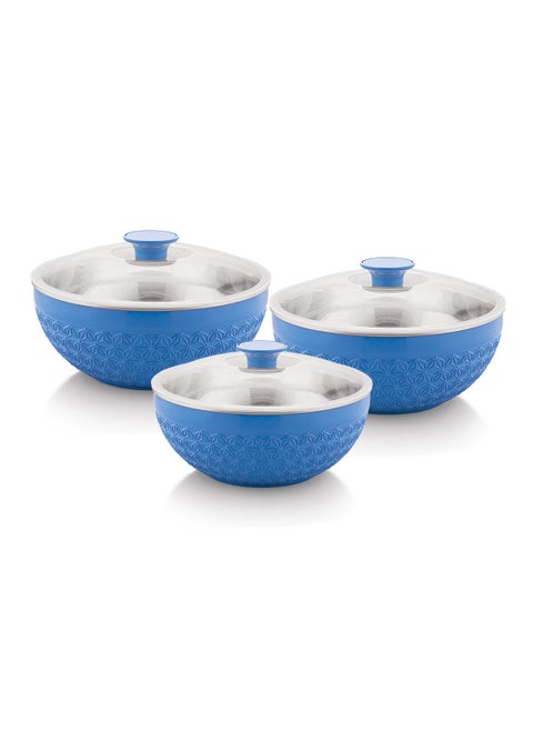 Adore 3pc Mixing Bowl Set Insulated Stainless Steel Inner Durable Plastic Outer with Lid & Knob 600ML,1200ML,1800ML - Blue