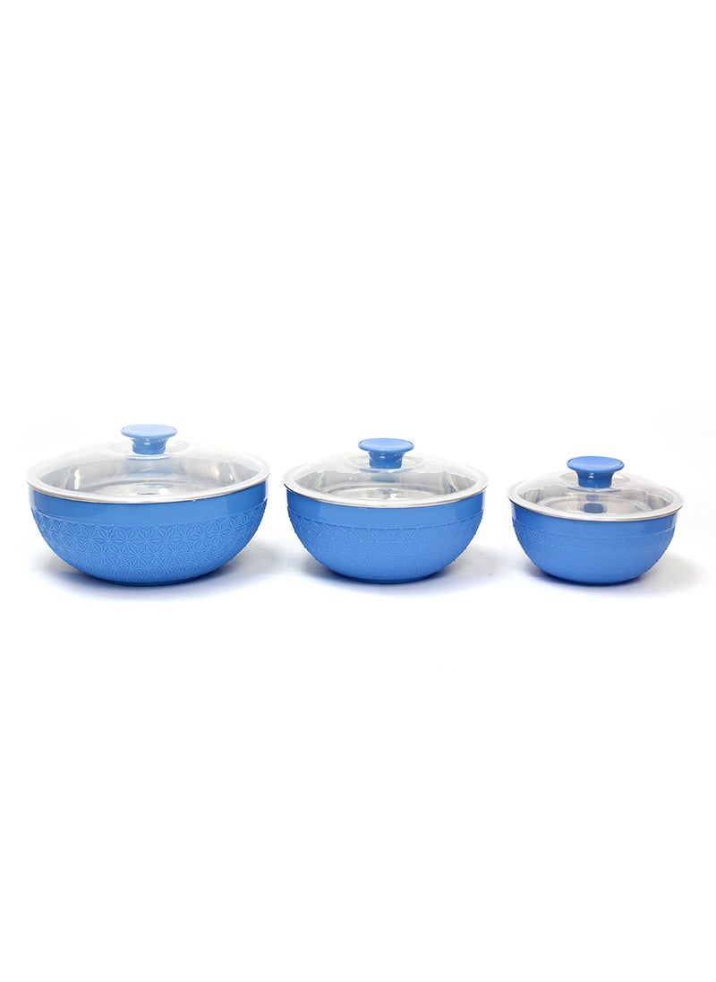 Adore 3pc Mixing Bowl Set Insulated Stainless Steel Inner Durable Plastic Outer with Lid & Knob 600ML,1200ML,1800ML - Blue