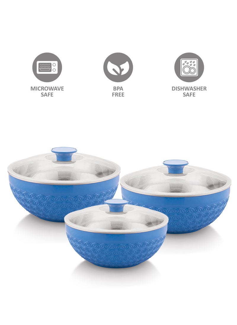 Adore 3pc Mixing Bowl Set Insulated Stainless Steel Inner Durable Plastic Outer with Lid & Knob 600ML,1200ML,1800ML - Blue