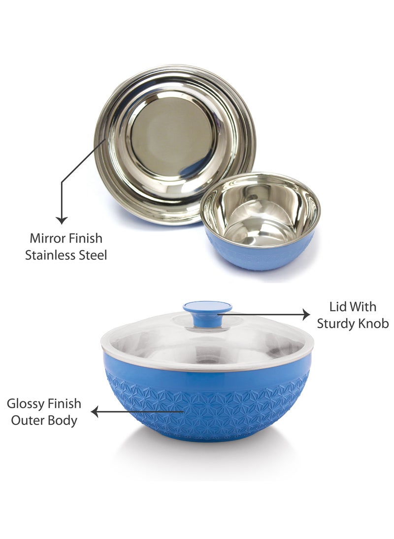 Adore 3pc Mixing Bowl Set Insulated Stainless Steel Inner Durable Plastic Outer with Lid & Knob 600ML,1200ML,1800ML - Blue