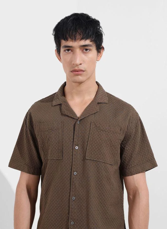 The Indian Garage Co Men Relaxed Fit Geometric Printed Cuban Collar Half Sleeves Shirt