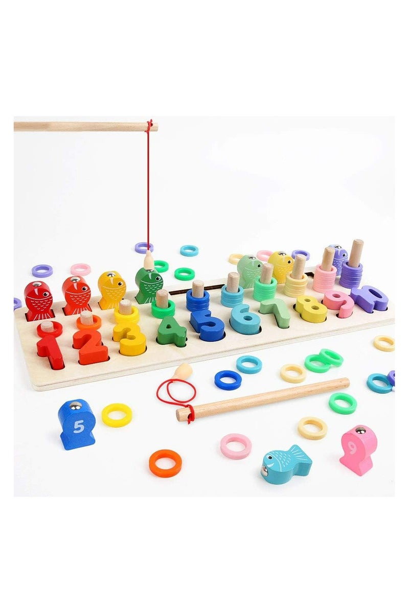 3 in 1 Wooden Blocks Puzzle, Sorting and Stacking Number Counting Board, Fishing Pole Game Play Set, Learning Toy for Kids