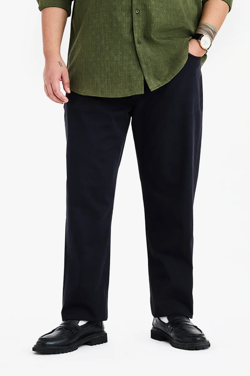 SNITCH Navy Blue Solid Regular Fit Plus Size Chinos