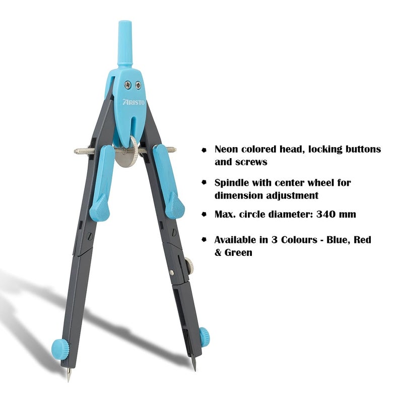 Aristo Rapid Adjustment Compass Rounder College BTS Circles Upto 340mm Neon Blue Colour Spindle with Middle-Wheel for fine Adjustment 2 Hinges - Image 2
