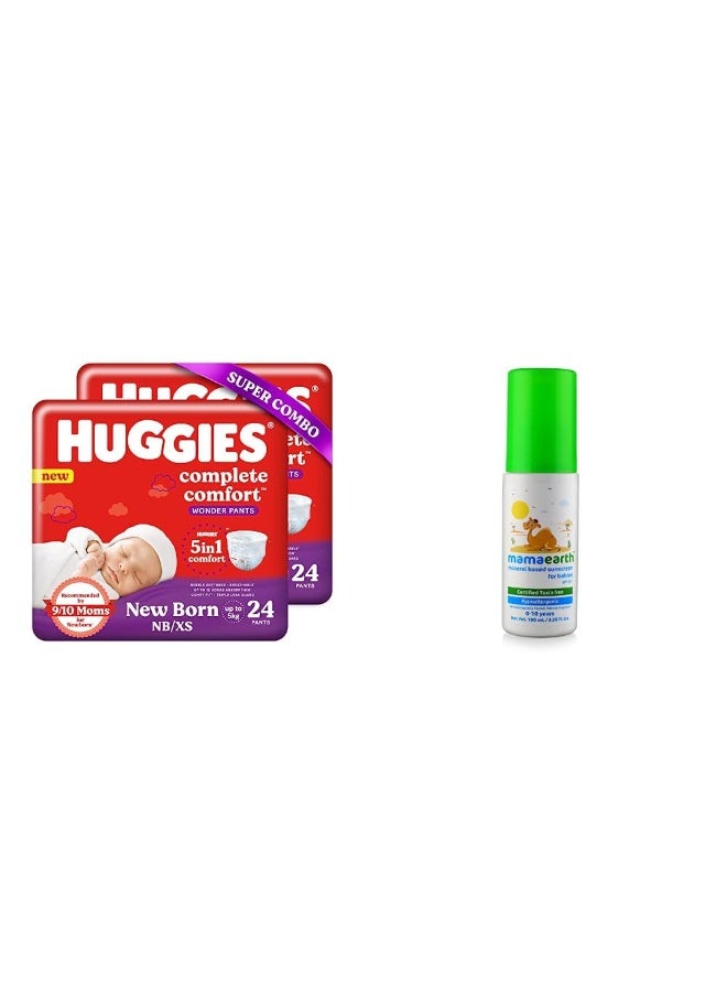 Huggies Complete Comfort Wonder Pants, Extra Small (XS) Combo Pack of 2, 24 count Per Pack, (48 count) & Mamaearth Mineral Based Sunscreen Baby Lotion SPF 20+,Hypoallergenic,100ml,(0-10 Years)