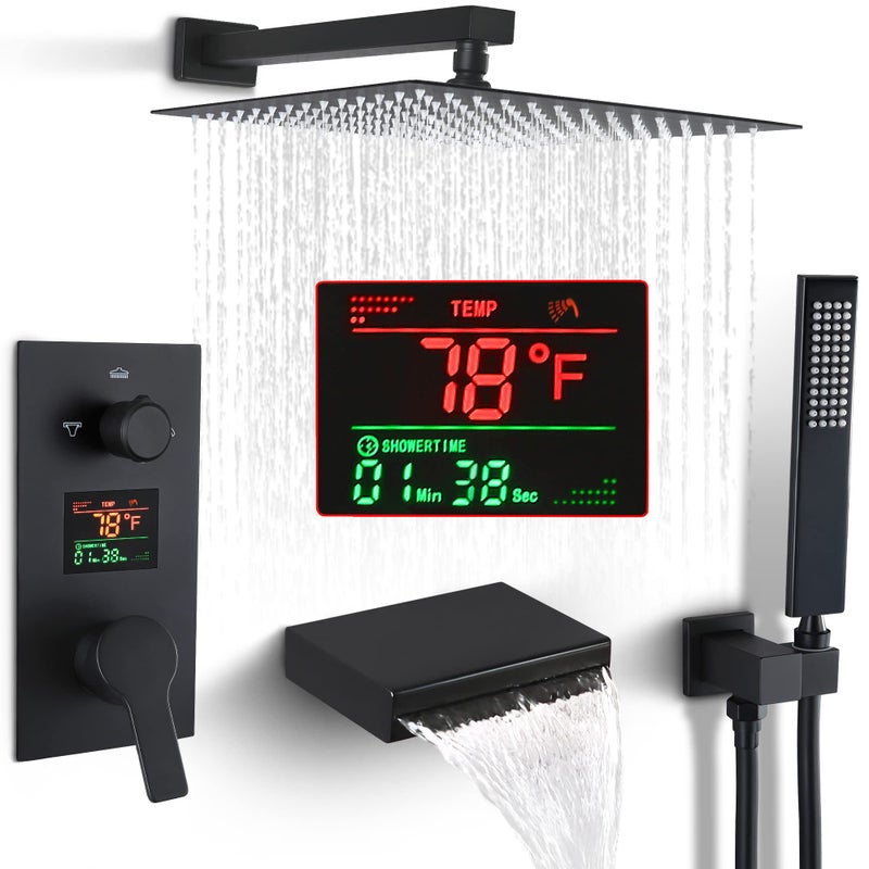 SKOWLL Shower System with Tub Spout Bathroom Tub and Shower Faucet Combo Wall Mount 12 Inch Black Shower Head and Handle Set Display Shower Valve Kit Roughin Valve and Trim Included