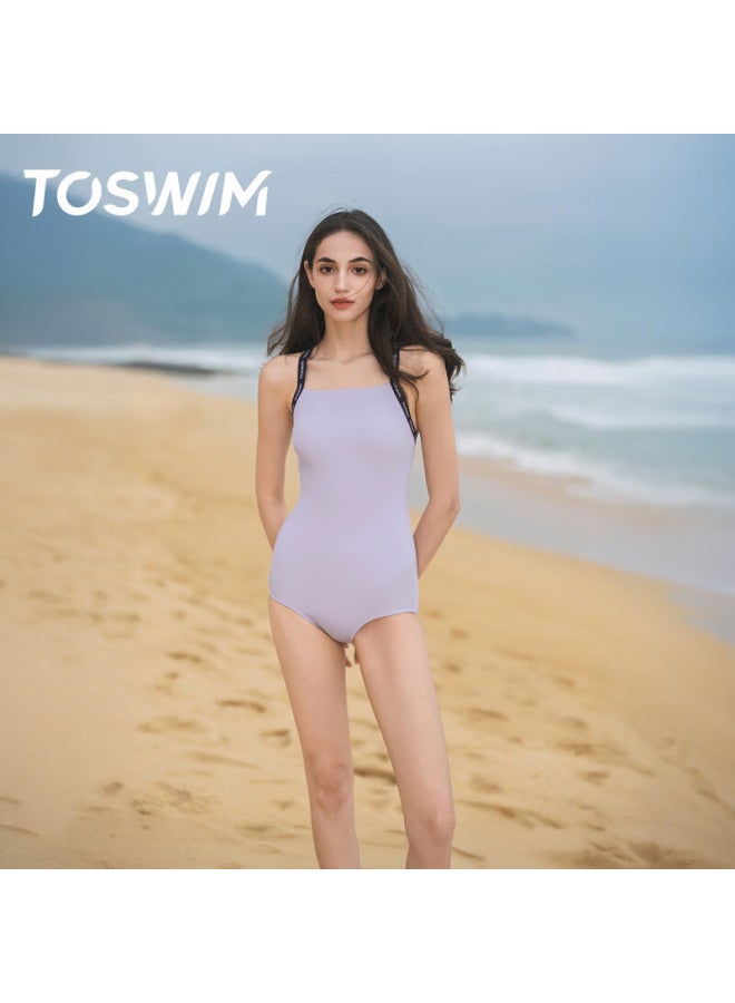 Toswim Women's One-piece Swimsuit, Triangle Sleeveless Wide-strap Tummy Control Slimming Swimwear, Misty Blue With Webbing, Size L - Image 5