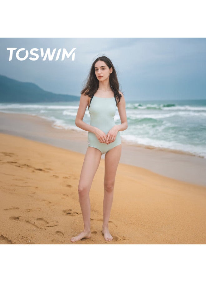 Toswim Women's One-piece Swimsuit, Triangle Sleeveless Wide-strap Tummy Control Slimming Swimwear, Misty Blue With Webbing, Size L - Image 3