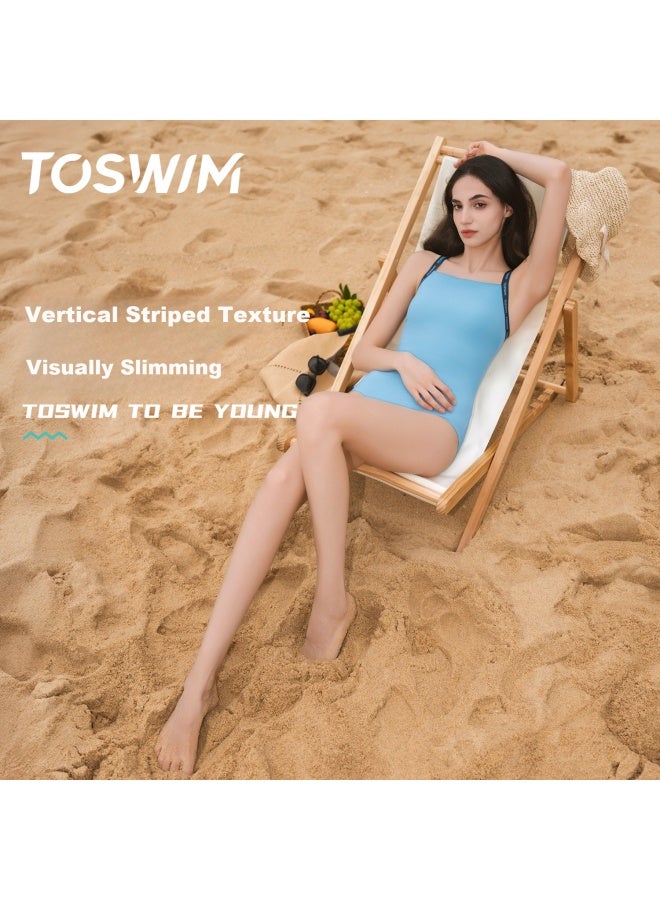 Toswim Women's One-piece Swimsuit, Triangle Sleeveless Wide-strap Tummy Control Slimming Swimwear, Misty Blue With Webbing, Size L - Image 1