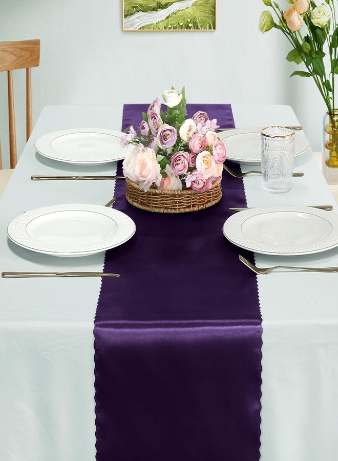 Eychei Set of 5 Purple Satin Table Runners, 12" x 108" Long Bright & Smooth Table Runner with Scalloped Edges, Satin Table Cloth Table Runner Decor for Wedding, Party, Banquet - Image 2