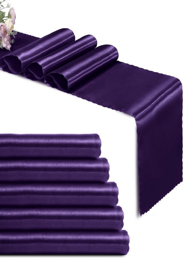 Eychei Set of 5 Purple Satin Table Runners, 12" x 108" Long Bright & Smooth Table Runner with Scalloped Edges, Satin Table Cloth Table Runner Decor for Wedding, Party, Banquet - Image 1