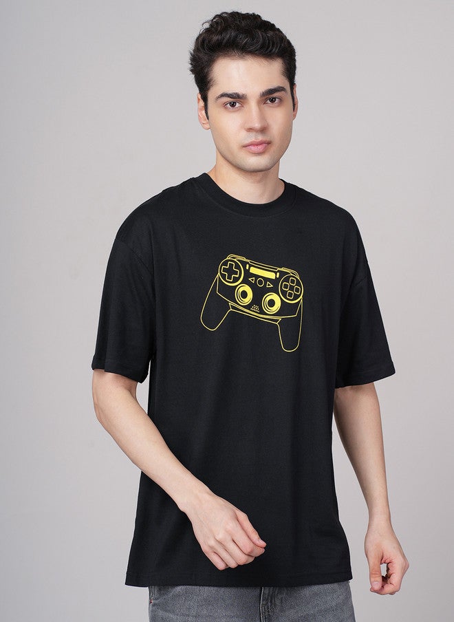 OUTLAWS Men's Black Graphic Printed Round Neck T-shirt with Controller Design - Image 1