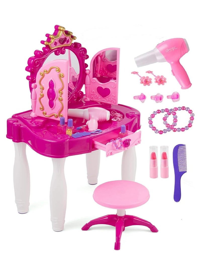 Little Princess Dressing Table Set with Lighted Mirror, Beauty Chair, Hair Accessories Set, Makeup, Hair Dryer  - Image 1