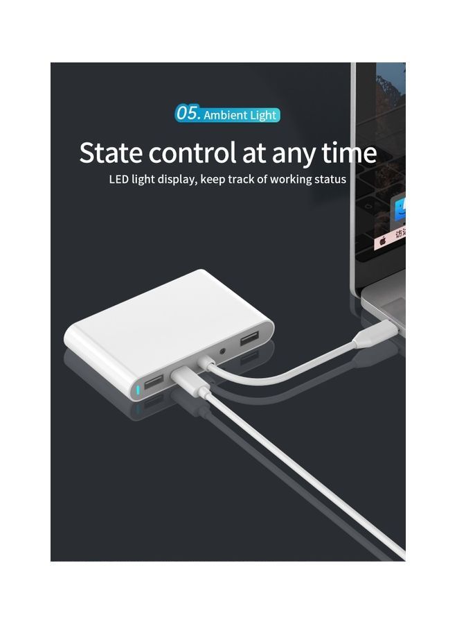 7-In-1 Type C Adapter Hub With 4K HDMI, VGA, 3.5mm Audio Jack, USB 3.0, 2.0 And PD Quick Charge Port White - Image 4