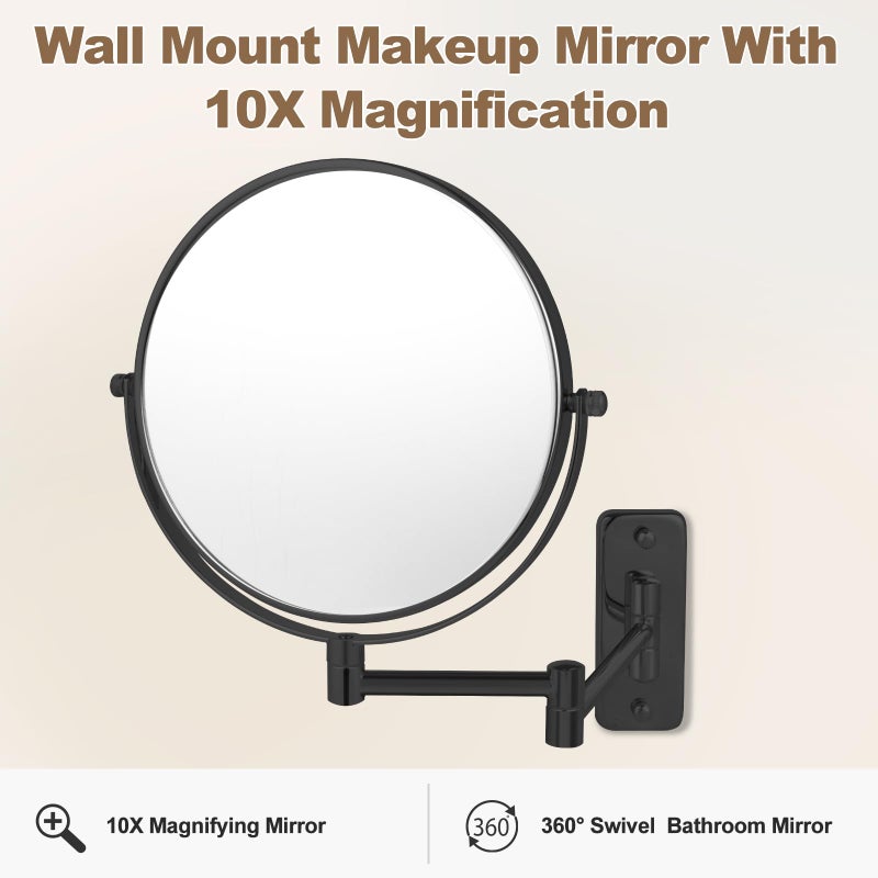 IZHIBATU 8â€ Wall Mounted Makeup Mirror with10X Magnification, Double Sided Shaving Mirror Wall Mount for Bathroom, 360Â° Swivel Extendable Vanity Mirror with Adjustable Arm for Daily Use, Matte Blackï¼ˆNo Lightï¼‰ - Image 2