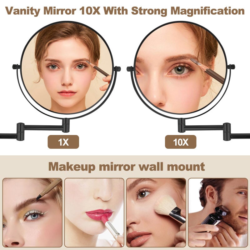 IZHIBATU 8â€ Wall Mounted Makeup Mirror with10X Magnification, Double Sided Shaving Mirror Wall Mount for Bathroom, 360Â° Swivel Extendable Vanity Mirror with Adjustable Arm for Daily Use, Matte Blackï¼ˆNo Lightï¼‰ - Image 4