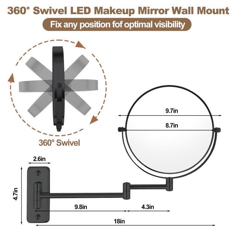 IZHIBATU 8â€ Wall Mounted Makeup Mirror with10X Magnification, Double Sided Shaving Mirror Wall Mount for Bathroom, 360Â° Swivel Extendable Vanity Mirror with Adjustable Arm for Daily Use, Matte Blackï¼ˆNo Lightï¼‰ - Image 5