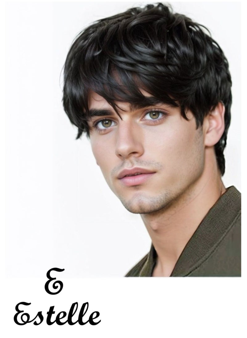 Estelle Men's Short Wigs - Heat-Resistant Matte Fiber Wigs for Daily Use, Natural Look with Voluminous Curly Styles (Short Wavy, Side/Straight Bangs) - Image 1