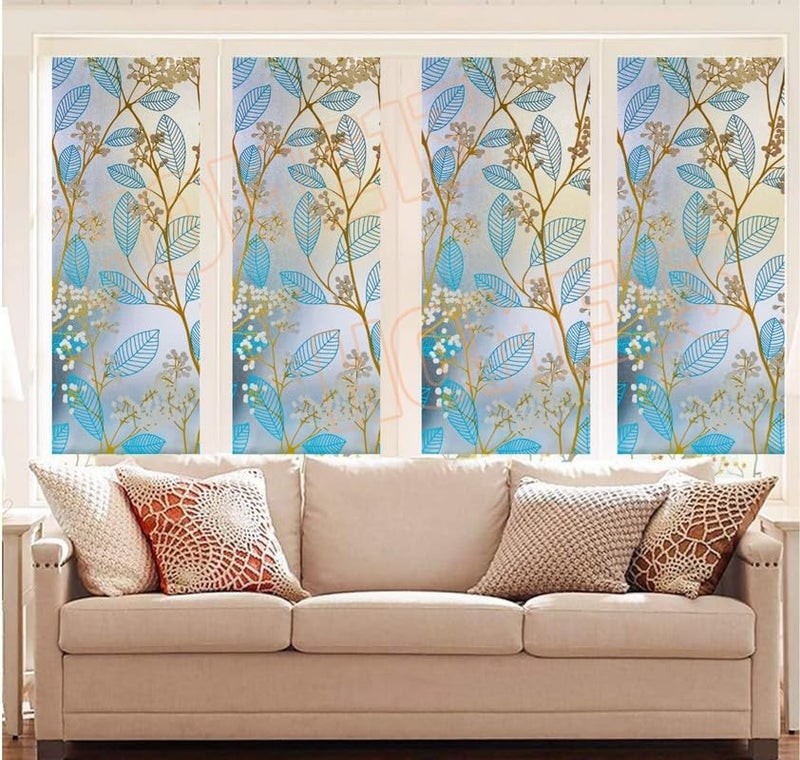 HOME13 Blue Leaf Frosted Window Film Anti UV Privacy Self Adhesive Window Glass Sticker for Home & Offie (16"x100" Inch, Blue Leaves Frosted) - Image 2