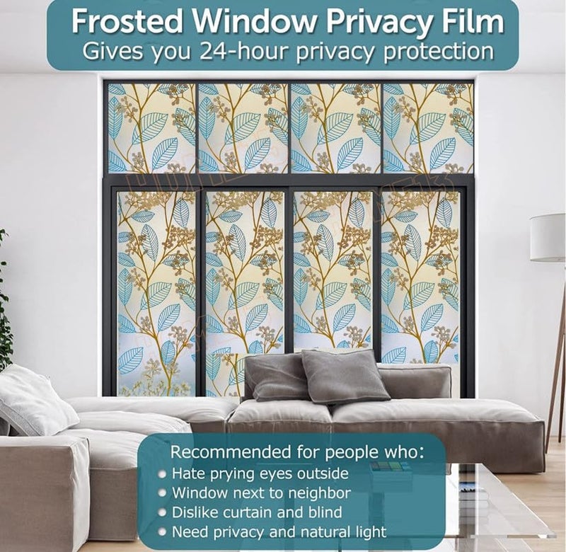 HOME13 Blue Leaf Frosted Window Film Anti UV Privacy Self Adhesive Window Glass Sticker for Home & Offie (16"x100" Inch, Blue Leaves Frosted) - Image 3
