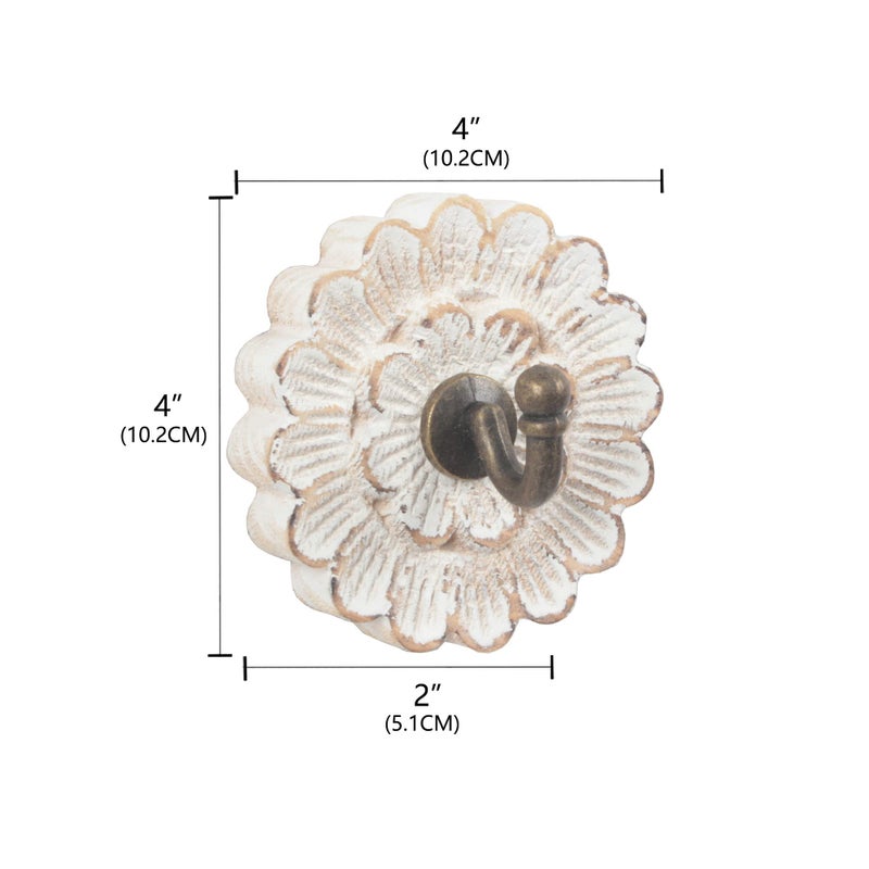 dwellington Distress Wood Flower Coat Hooks for Wall Hanging, Single Small Vintage Decorative Hanger for Keys, Bags, Towels (Robe Hanger) - Image 2