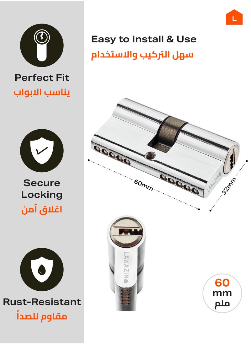 LAWAZIM Pack of 3-Door Lock Cylinder 60mm with 3pcs keys - Silver - Pickproof Corrosion-Resistant Easy install Double Sided Keyed Lock Cylinder Security Upgrade for Garage Doors Lockers Desks Cabinets Closets  - Image 2