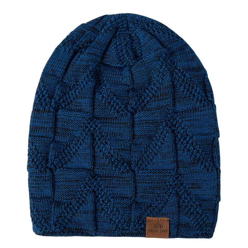 PAGE ONE Mens Winter Slouchy Beanie Warm Fleece Lined Skull Cap Baggy Cable Knit Hat Blue - Image 3