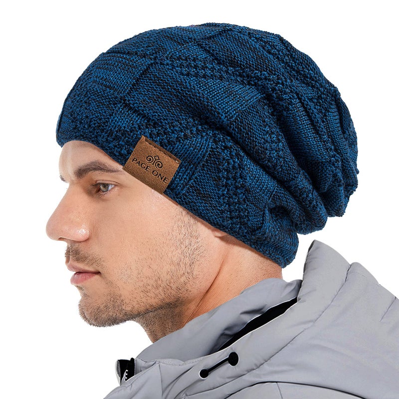 PAGE ONE Mens Winter Slouchy Beanie Warm Fleece Lined Skull Cap Baggy Cable Knit Hat Blue - Image 2