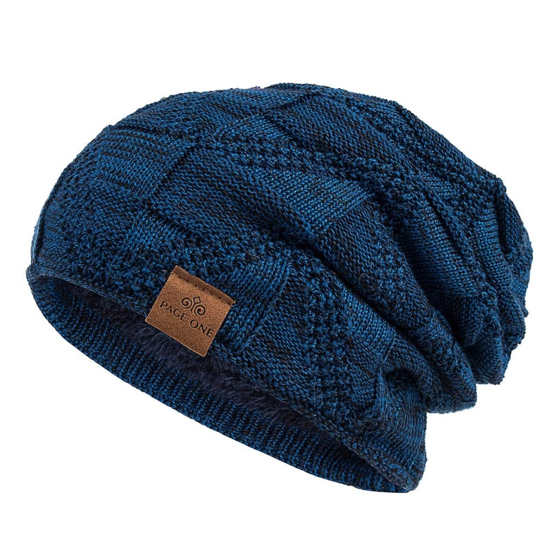 PAGE ONE Mens Winter Slouchy Beanie Warm Fleece Lined Skull Cap Baggy Cable Knit Hat Blue - Image 1