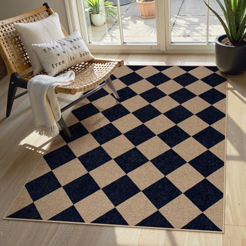 La Home Lahome Checkered Easy Jute Entry Rug, 3x5 Black Outdoor Patio Rug for Living Room Farmhouse Neutral Carpet, Washable Non Slip Indoor Door Mat Diamond Carpet for Front Door Deck Camping - Image 1