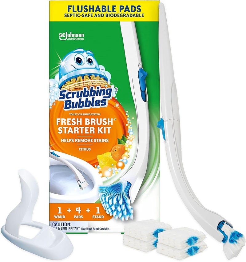 Scrubbing Bubbles Fresh Brush Starter Toilet Cleaning Kit, Toilet Cleaning System Including- 1 Toilet Bowl Brush + 1 Toilet Brush Stand + 4 Toilet Cleaner Refill Pads - Image 1