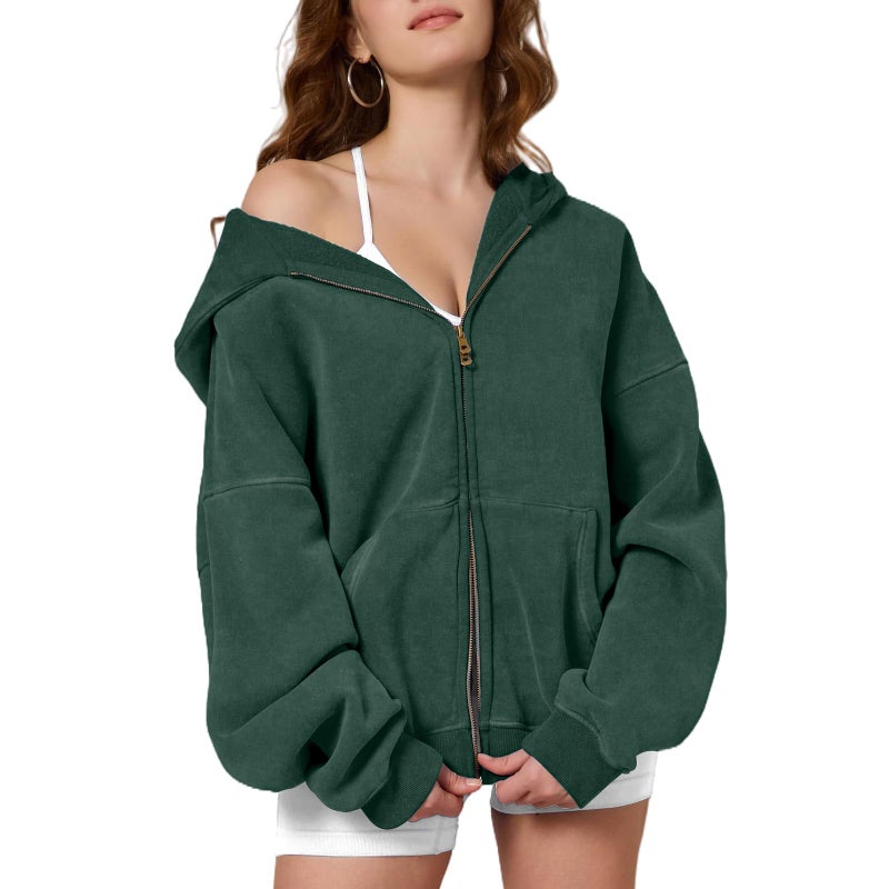 Dnzzs Womens Zip Up Hoodie Oversized Acid Wash Sweatshirts Heavyweight Fall Fashion Outfits Casual Jackets Winter Clothes,Dark Green,Small - Image 1