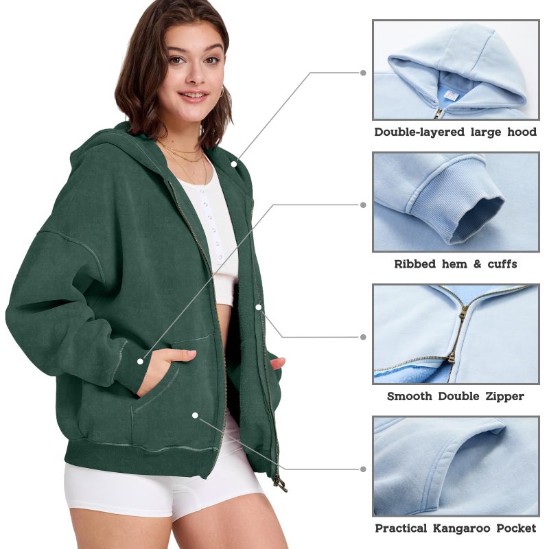 Dnzzs Womens Zip Up Hoodie Oversized Acid Wash Sweatshirts Heavyweight Fall Fashion Outfits Casual Jackets Winter Clothes,Dark Green,Small - Image 3
