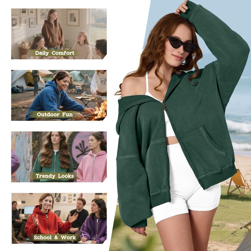 Dnzzs Womens Zip Up Hoodie Oversized Acid Wash Sweatshirts Heavyweight Fall Fashion Outfits Casual Jackets Winter Clothes,Dark Green,Small - Image 2