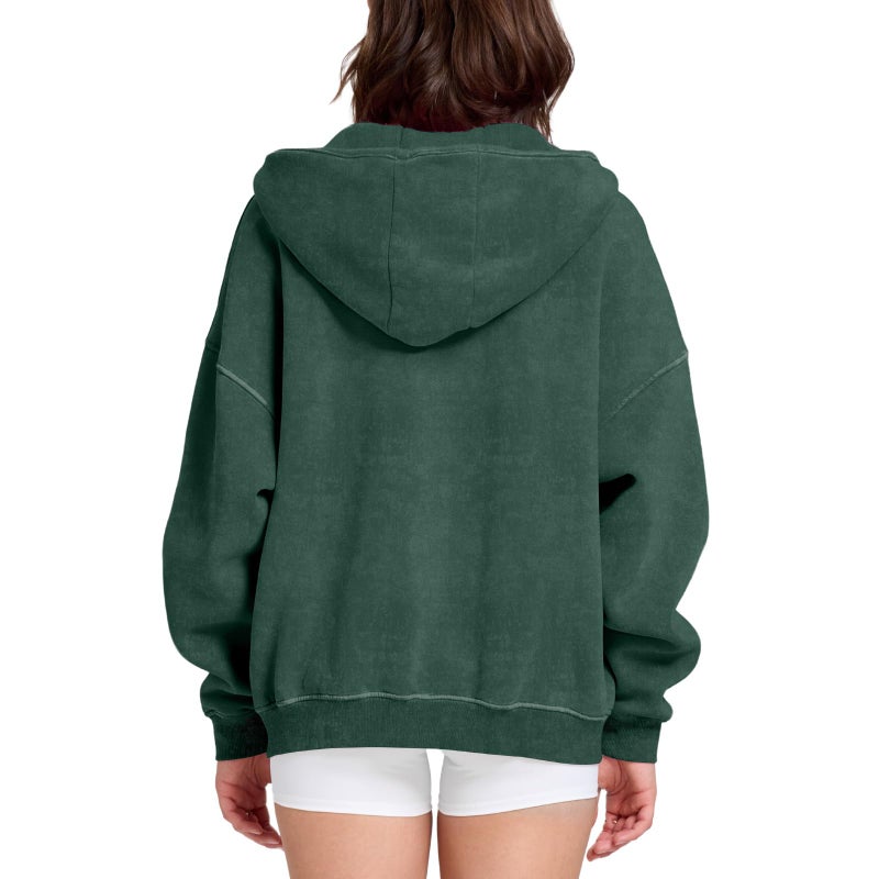Dnzzs Womens Zip Up Hoodie Oversized Acid Wash Sweatshirts Heavyweight Fall Fashion Outfits Casual Jackets Winter Clothes,Dark Green,Small - Image 5