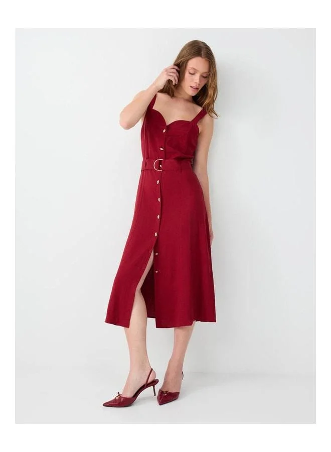 Jimmy Key Red Linen-Blend Sweetheart Neckline Belt-Detail Dress.