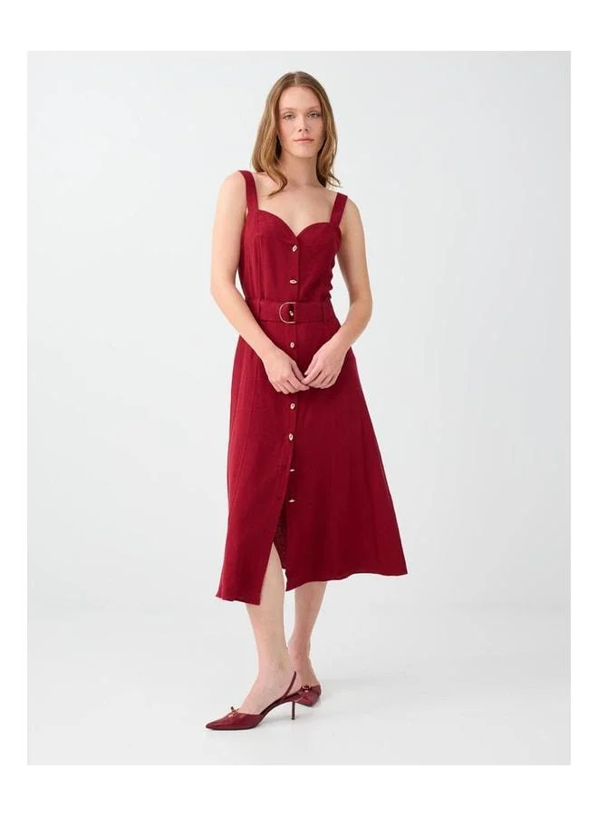 Jimmy Key Red Linen-Blend Sweetheart Neckline Belt-Detail Dress.