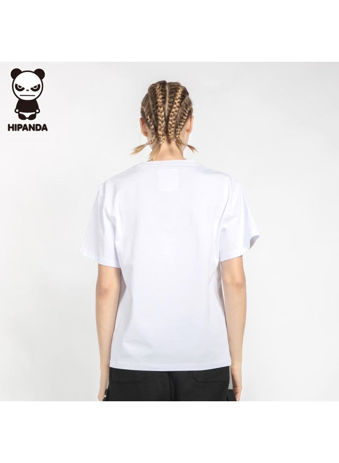 Hipanda o Panda Short-sleeve T-shirt, Uni Pure Cotton Comfortable Fashion Trendy Design Top, Women's White L - Image 1