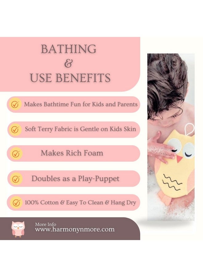 Harmony N More - Olivia The Owl Washcloth - Animal Shape Cotton Mitt - Bath Glove for Kids - Bath Towel Gloves - Cute Glove - Puppet Bath Glove (Pink, Blue) - Image 2