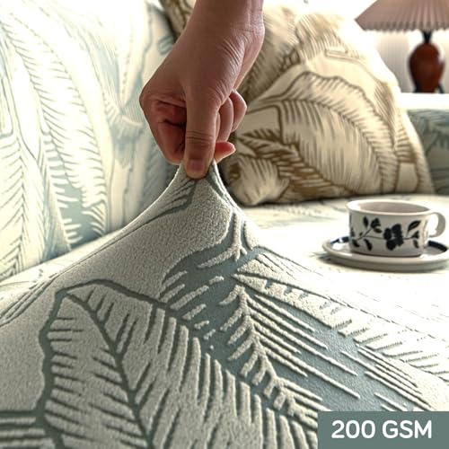 HOKIPO 200gsm Dual Tone Knitting Jacquard Sofa Cover 2 Seater Fully Covered, Creamish Pale Green (AR-6033-CRM) - Image 4