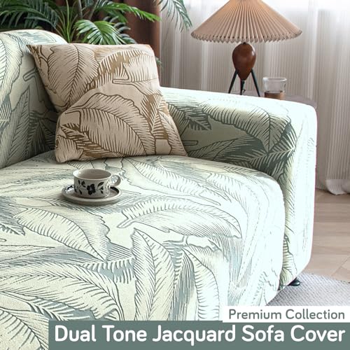 HOKIPO 200gsm Dual Tone Knitting Jacquard Sofa Cover 2 Seater Fully Covered, Creamish Pale Green (AR-6033-CRM) - Image 2