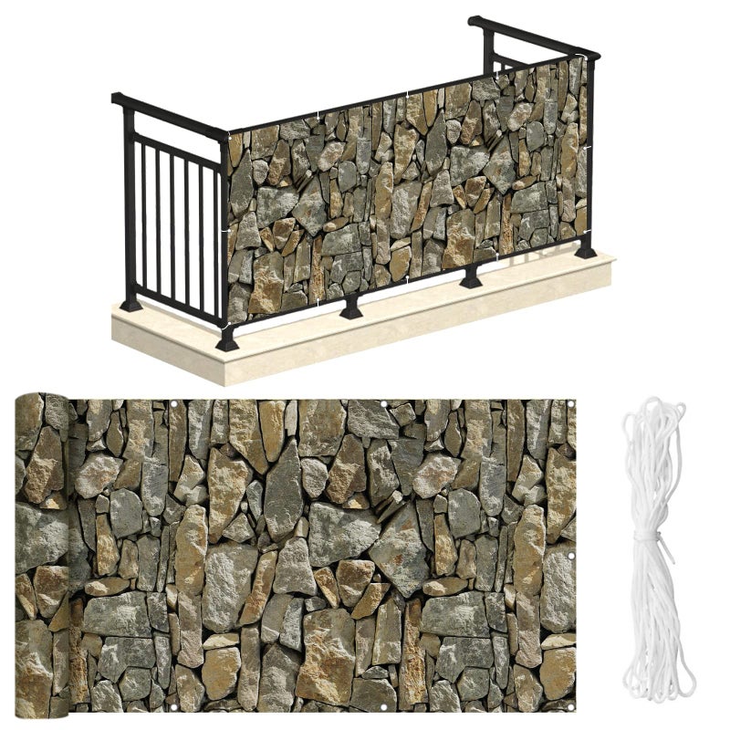 NAIMORUI PVC Balcony Privacy Screen Decorative Balcony Cover with Nylon Rope- 34'' x 180''(Stone) - Image 1
