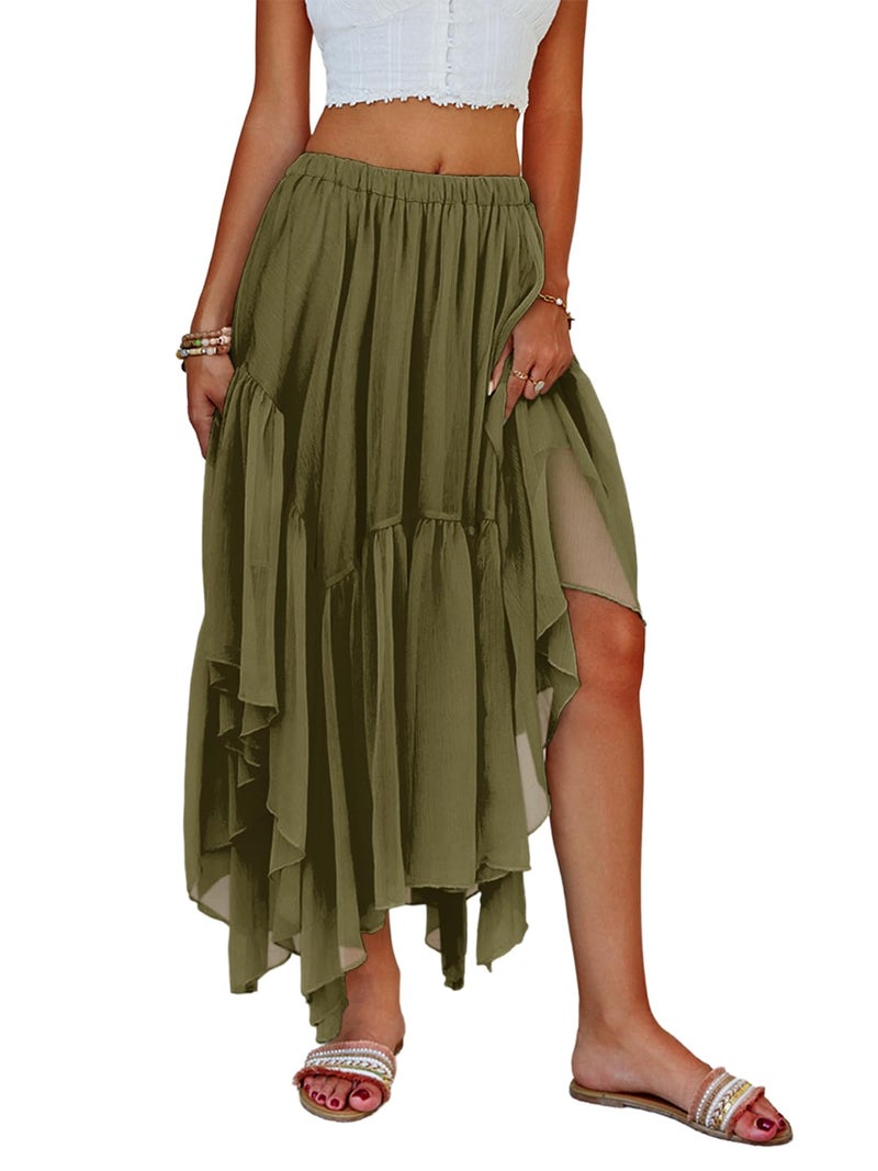 Fisoew Womens Summer Boho Maxi Skirt Casual Asymmetric High-Low Hem Flowy Bohemia Long Skirt Army Green - Image 1