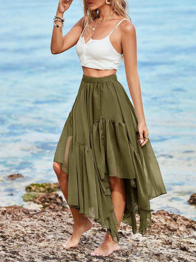 Fisoew Womens Summer Boho Maxi Skirt Casual Asymmetric High-Low Hem Flowy Bohemia Long Skirt Army Green - Image 2