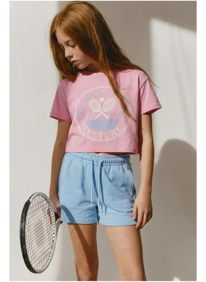Magu Girls' Cotton Pink Printed Crop T-Shirt and Blue Shorts Set