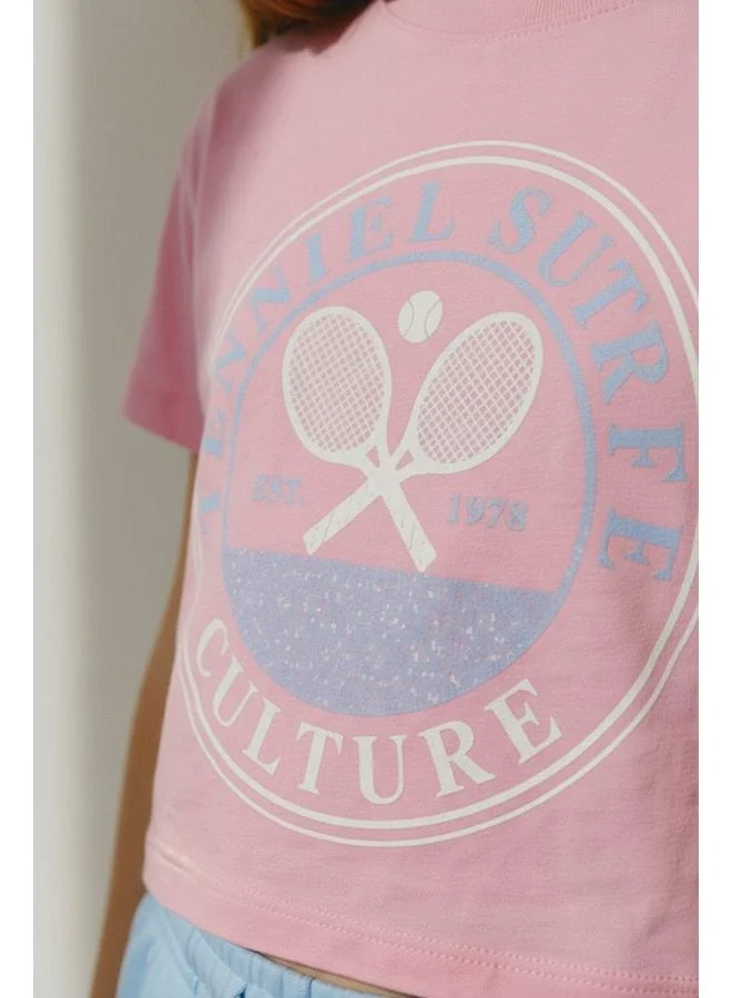 Magu Girls' Cotton Pink Printed Crop T-Shirt and Blue Shorts Set