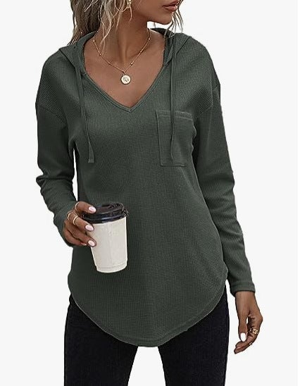Womens V-Neck Hoodie Waffle Knit Sweatshirt with Pockets Dark gray green (army green) 