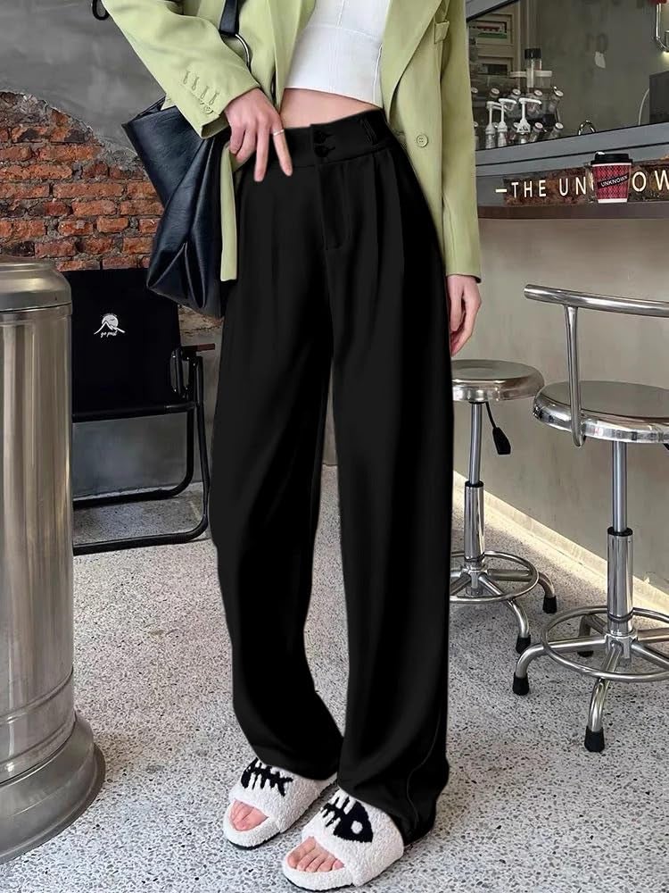 Aahwan Solid Charcoal Black Korean Baggy Parallel Loose High Rise Formal Pant for Women's & Girl's with Pocket (220_Black-XL) - Image 2