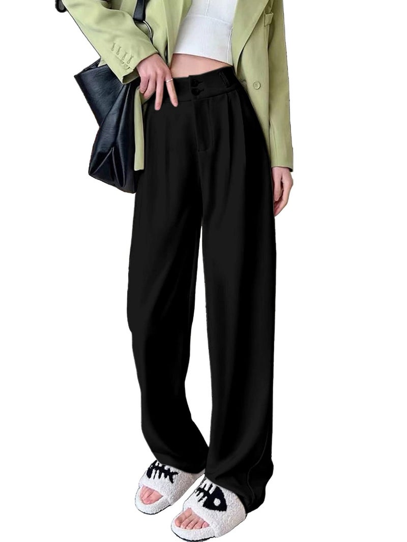 Aahwan Solid Charcoal Black Korean Baggy Parallel Loose High Rise Formal Pant for Women's & Girl's with Pocket (220_Black-XL) - Image 1