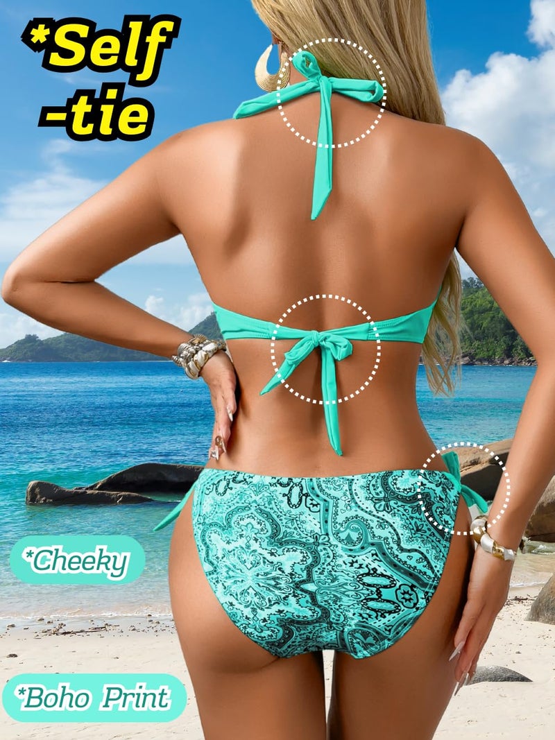 ShawGobow Sexy Push Up Bikini Sets for Women,Tie Halter Underwire Boho Swimsuit,2 Piece Cheeky Bathing Suit Beach Pool Party Turquoise Small - Image 4